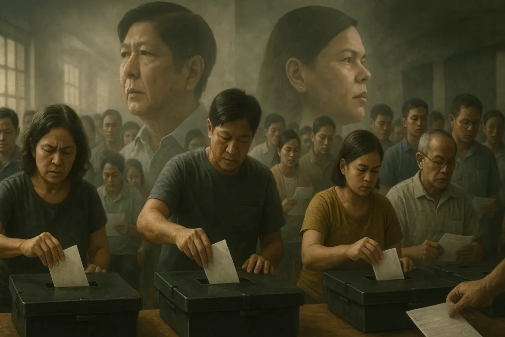 Filipino citizens voting in the crucial 2025 midterm elections, overshadowed by the Marcos-Duterte political feud