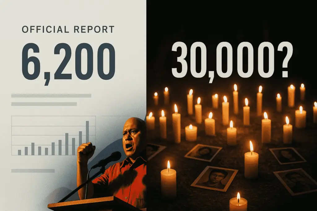 “Portrait of Senator Bato Dela Rosa on stage with split-screen figures comparing 30,000 vs. 6,200 drug war deaths under dynamic evening lighting.”