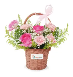 Send a basket of love to Mom this Mother's Day with this charming round arrangement. It features 3 delicate Pink Roses, 4 lovely Pink Carnations, and is beautifully accented with Baby's Breath and golden Solidago fillers. A sweet and thoughtful way to show your affection.