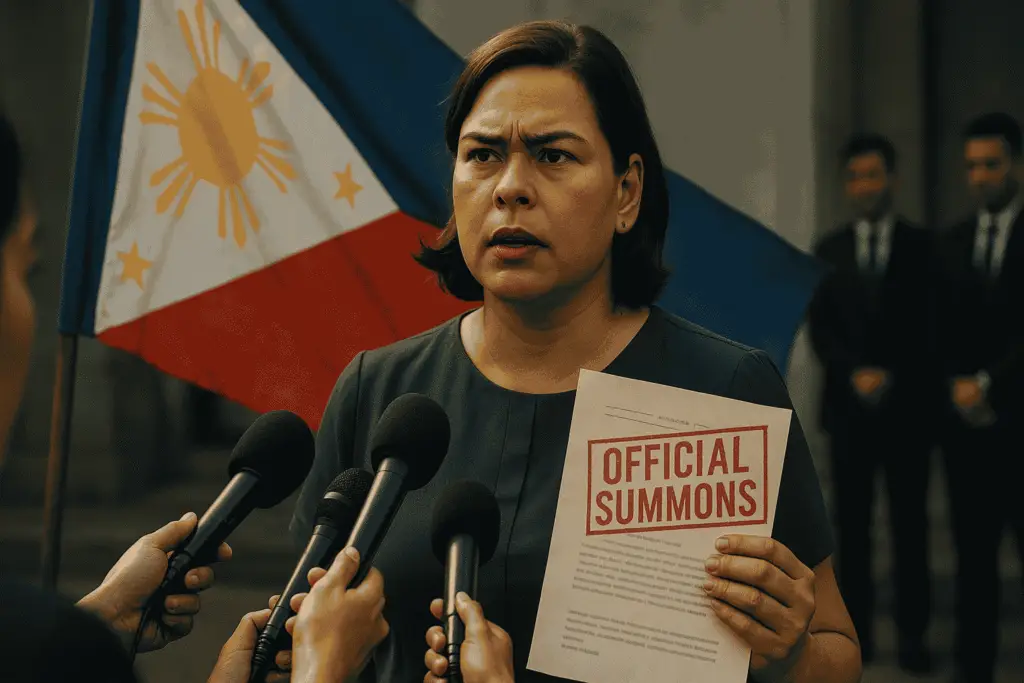 Vice President Sara Duterte holding a summons document in front of the Philippine flag