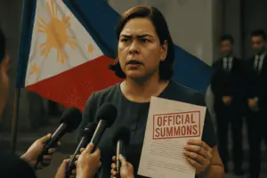 Vice President Sara Duterte holding a summons document in front of the Philippine flag